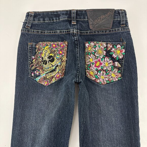 Ed Hardy Bootcut Embroidered Back Pockets Womens size 25 26 Dark Blue Denim Jean - Picture 4 of 4